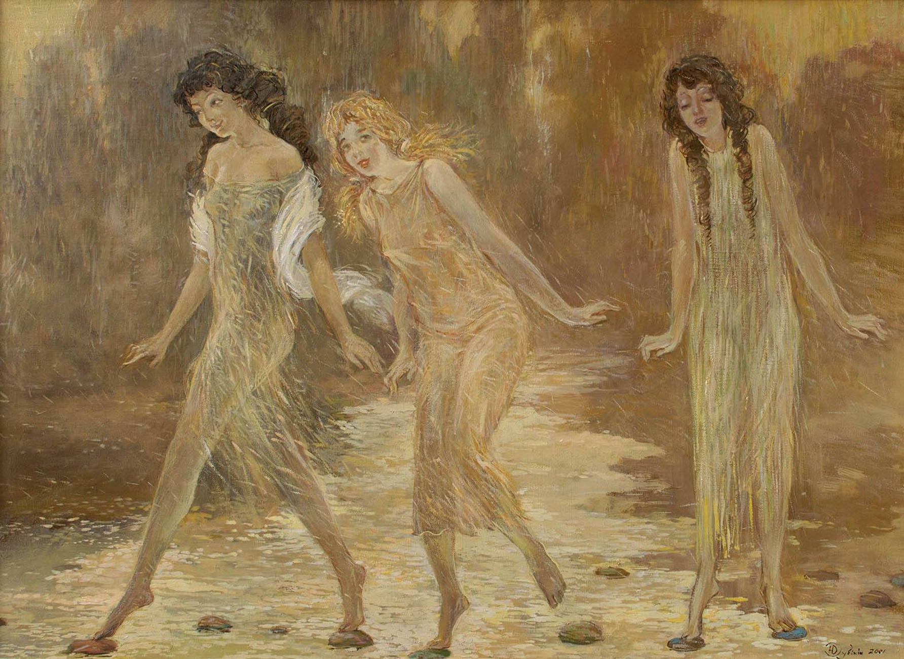 Oil painting Walk by Dubinin Yurii: three women in earth-toned dresses wading barefoot