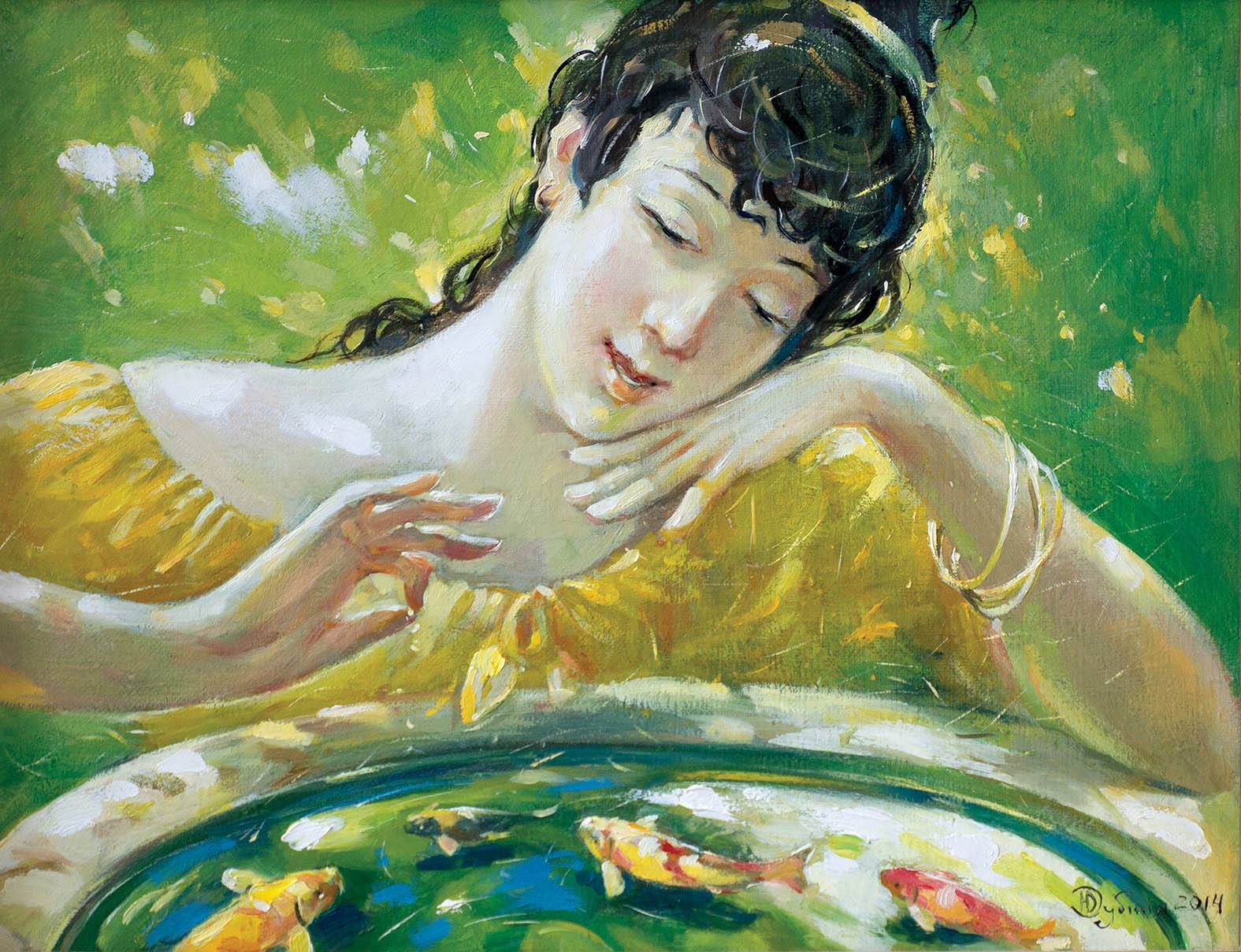 Oil painting Goldfish Dubinin Yurii: woman in yellow lace dress gazes at koi fish