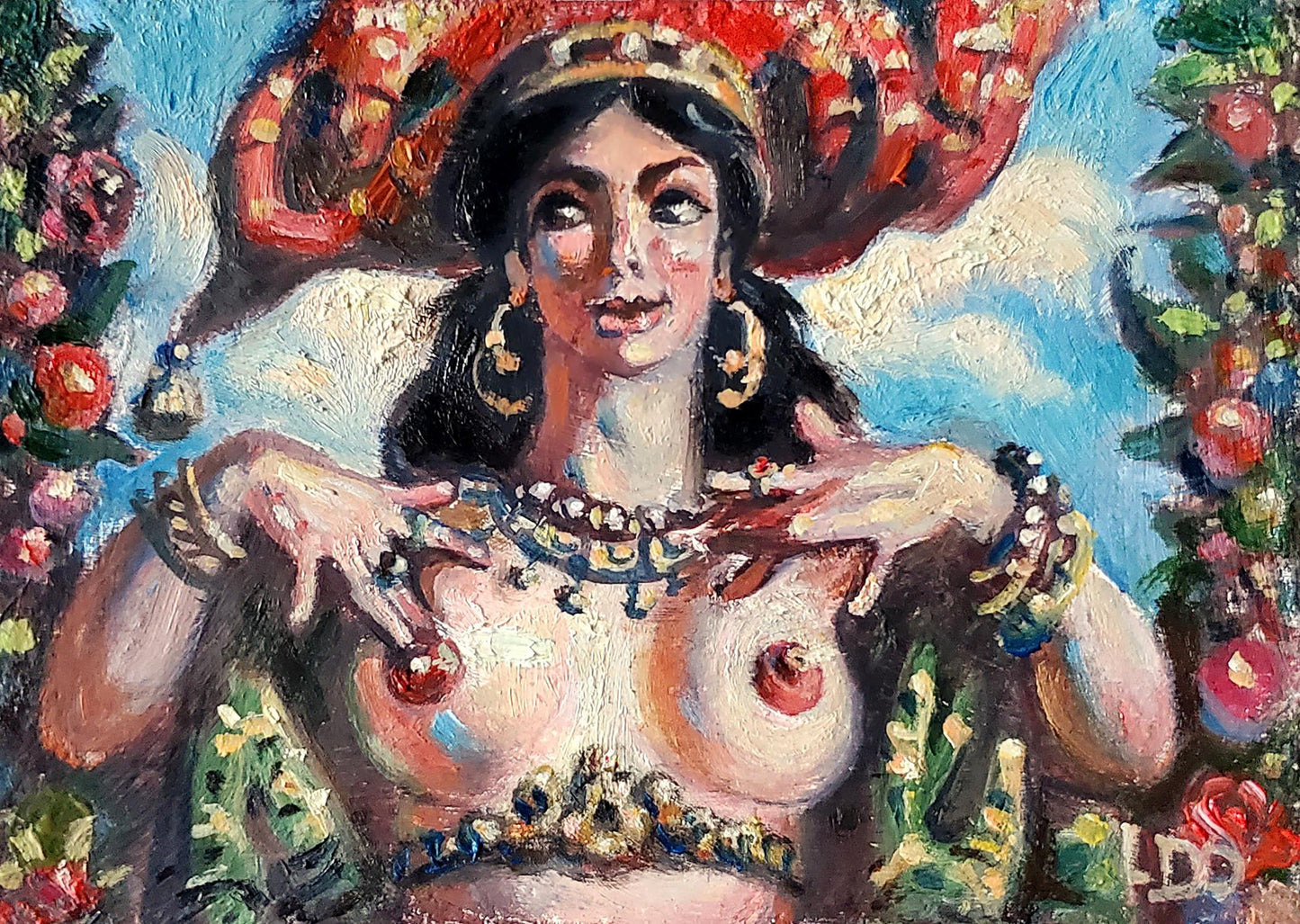 Oil painting Allegory of Awareness by Litvinov Daniil Olegovich, vibrant woman in gold jewelry and red headdress amid floral garlands