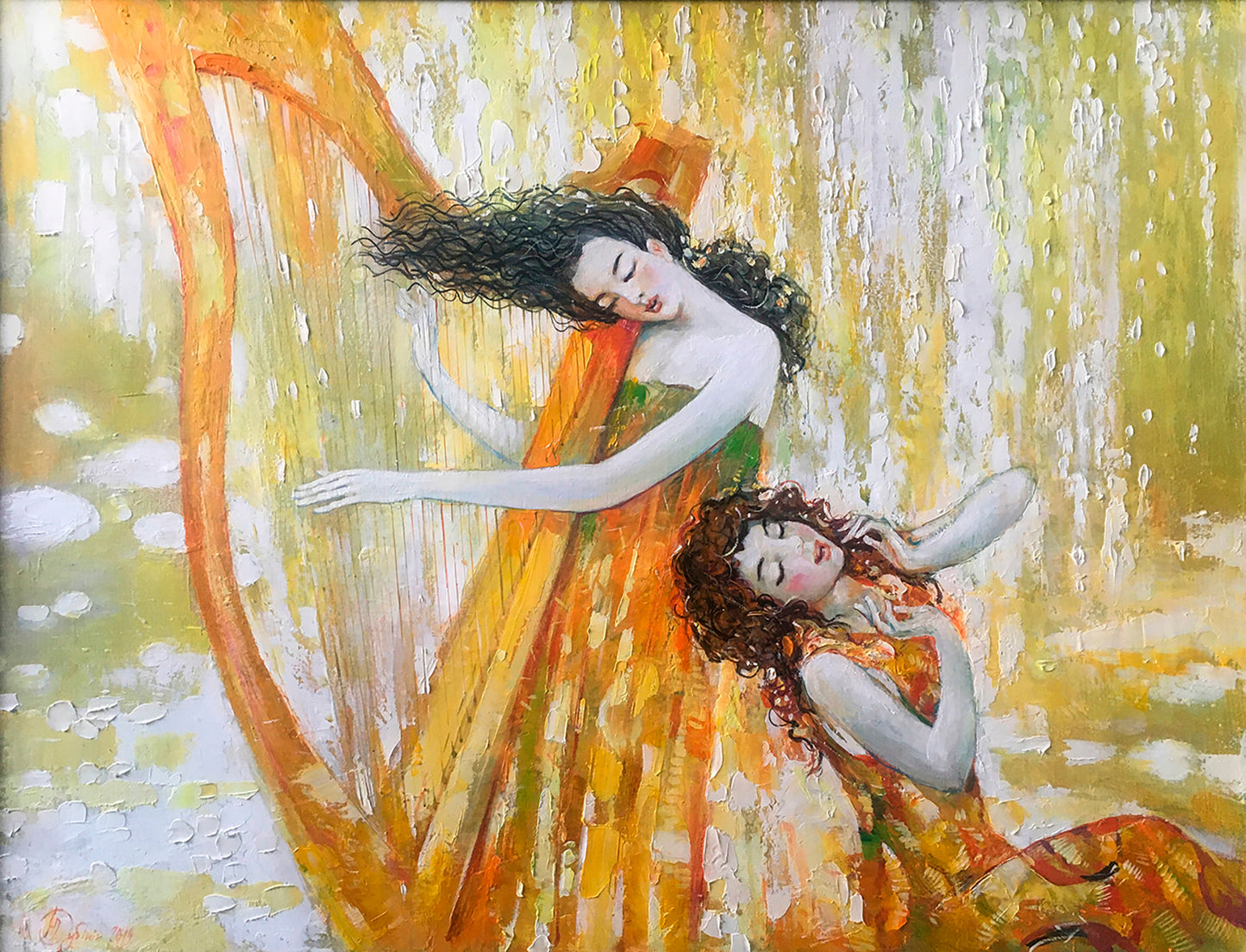 Oil painting Duo Dubinin Yurii: two women in golden-orange dresses, harpist and reclining figure