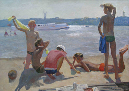 Oil painting of five boys on sunny Hydropark Chichkan beach by Leonid Illich