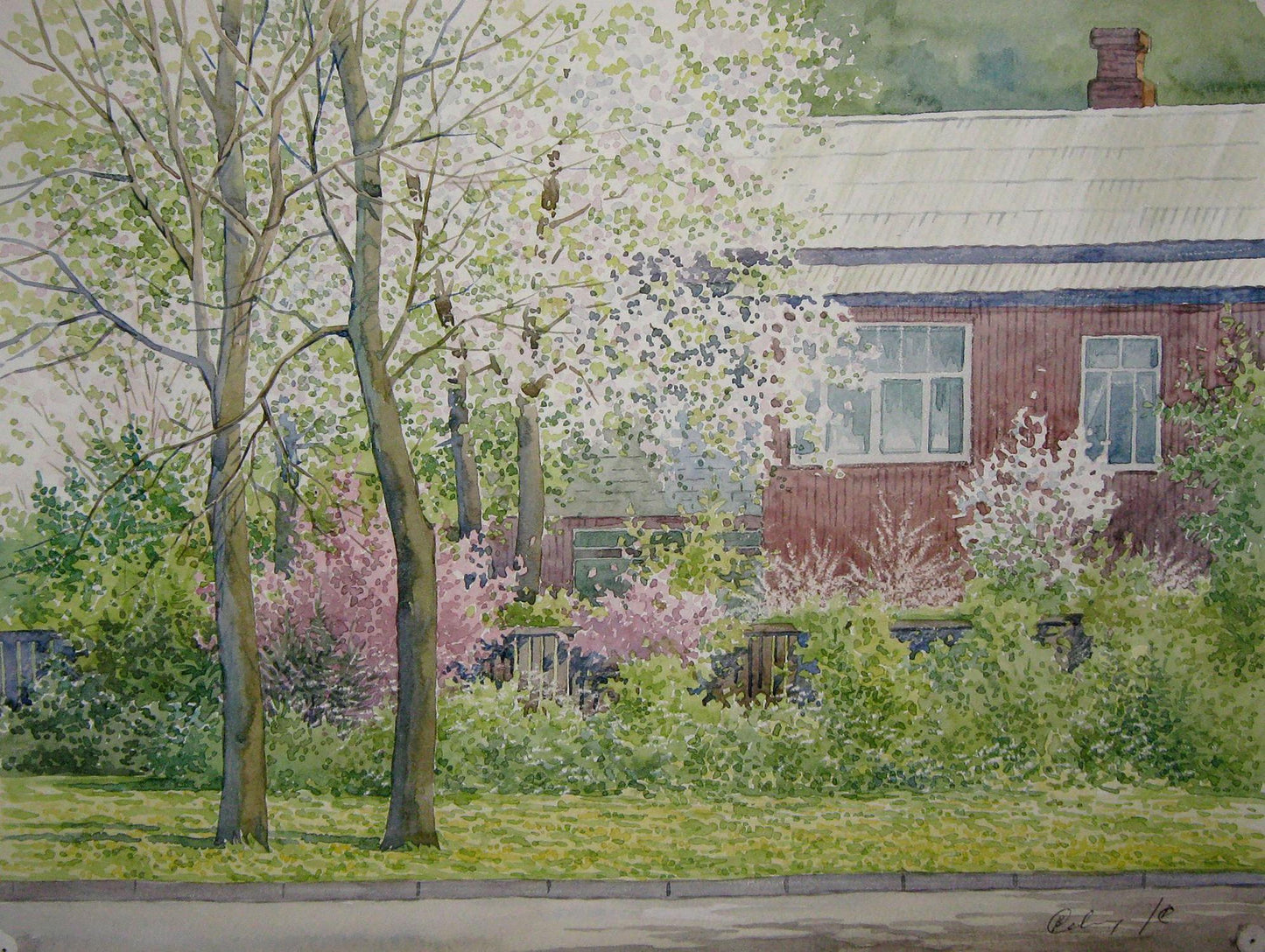 Watercolor painting In the garden among the lilies Valery Savenets
