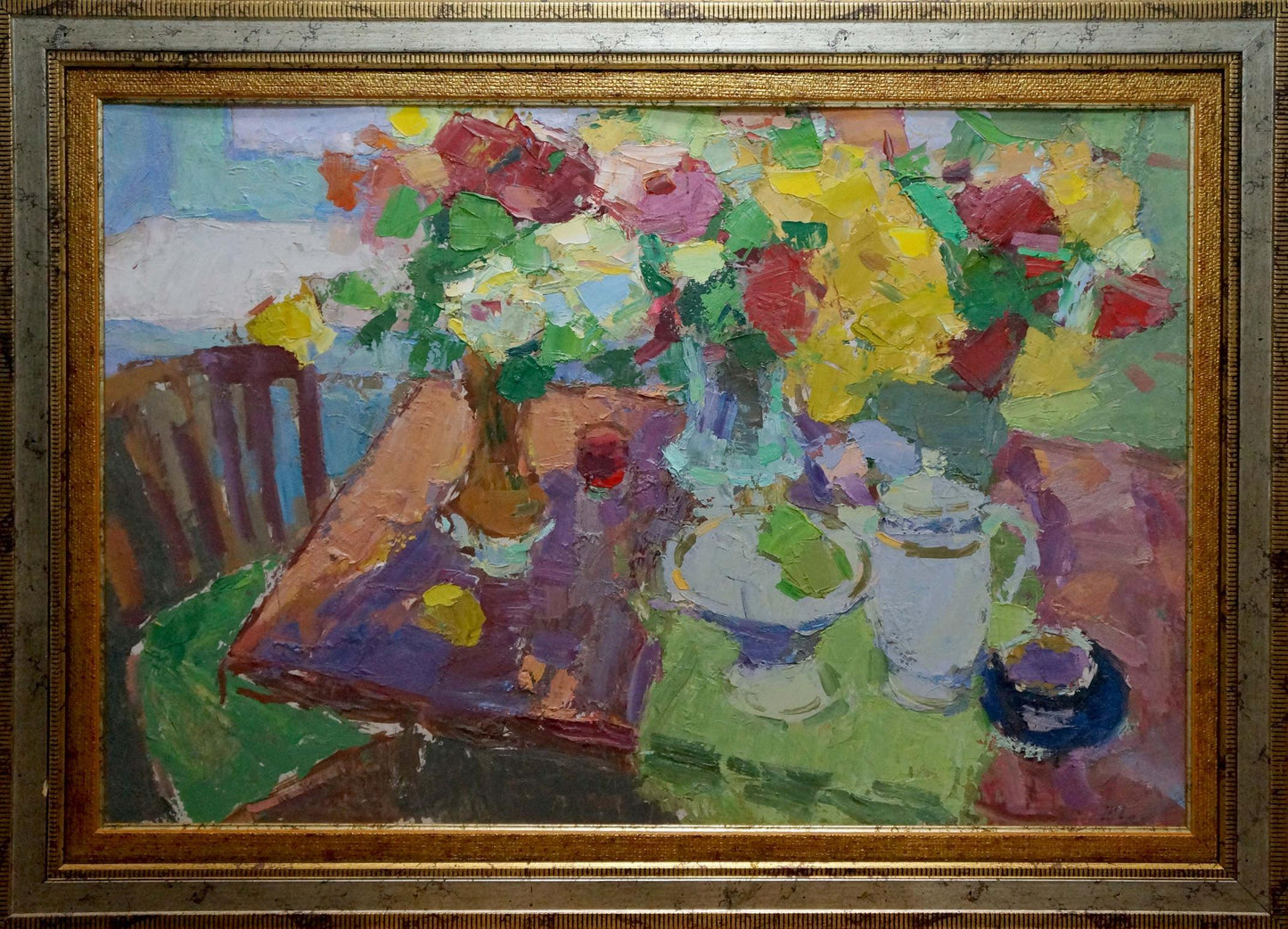 Vibrant impressionistic oil painting Still life by Schwab Vladimir in gold frame