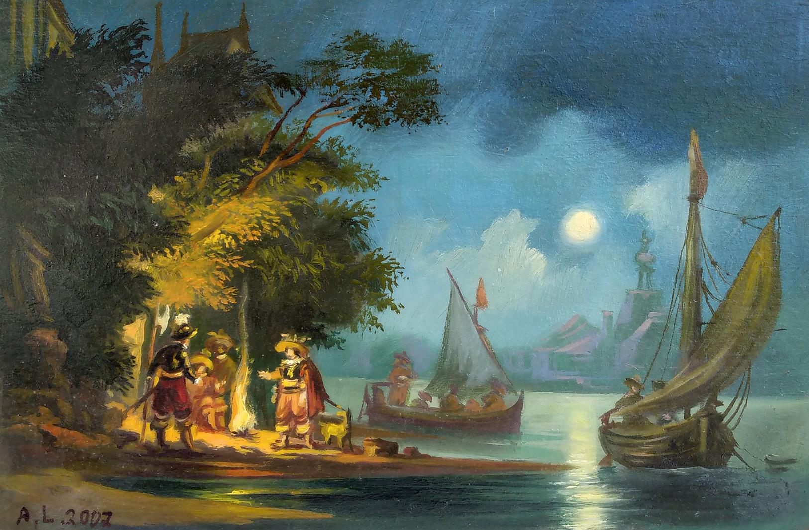 Moonlit night oil painting by Litvinov: ships, shore, lantern figures