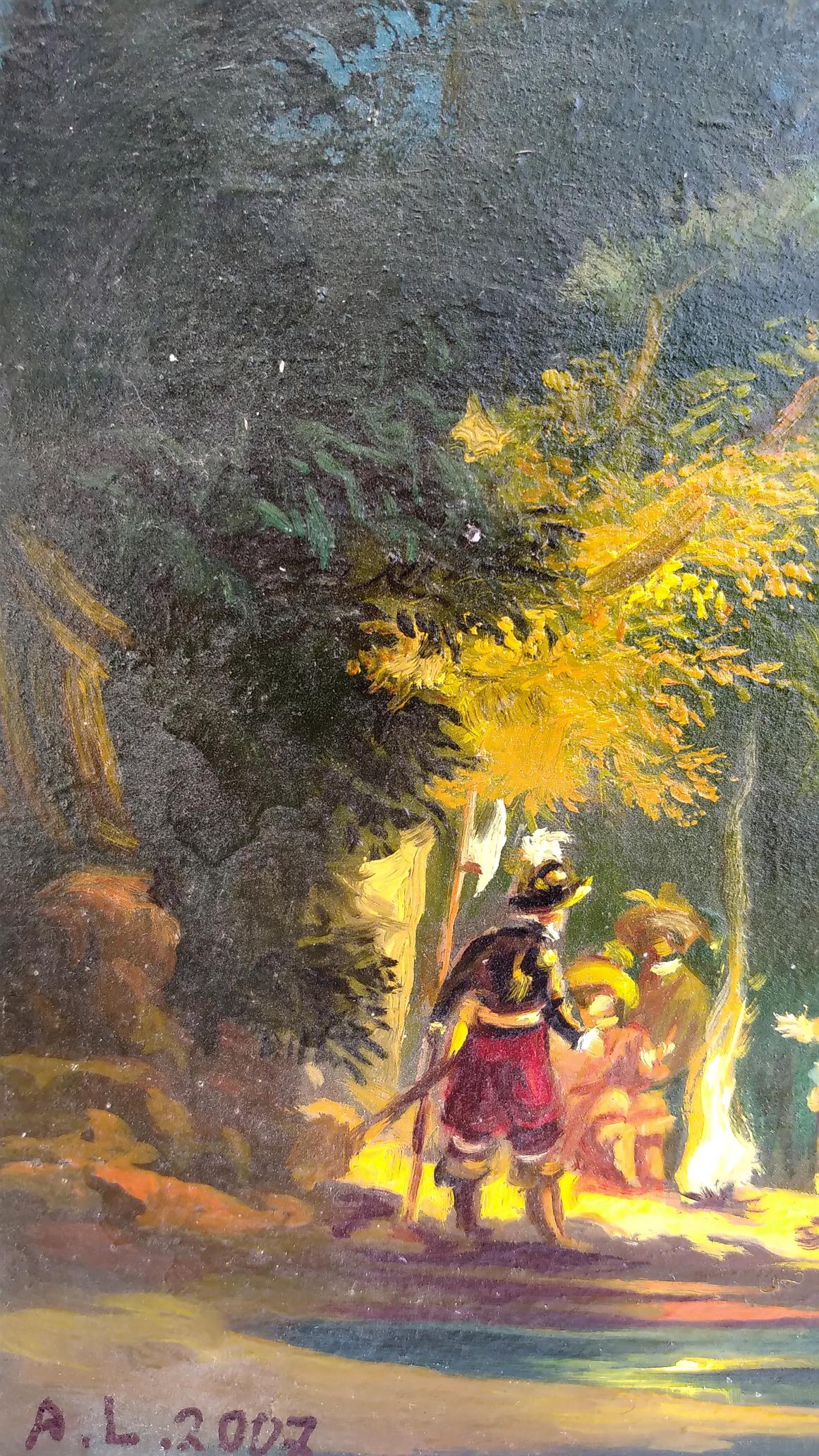 Oil painting by Alexander Arkadievich Litvinov of figure by campfire in autumn woods