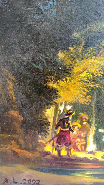Oil painting by Alexander Arkadievich Litvinov of figure by campfire in autumn woods