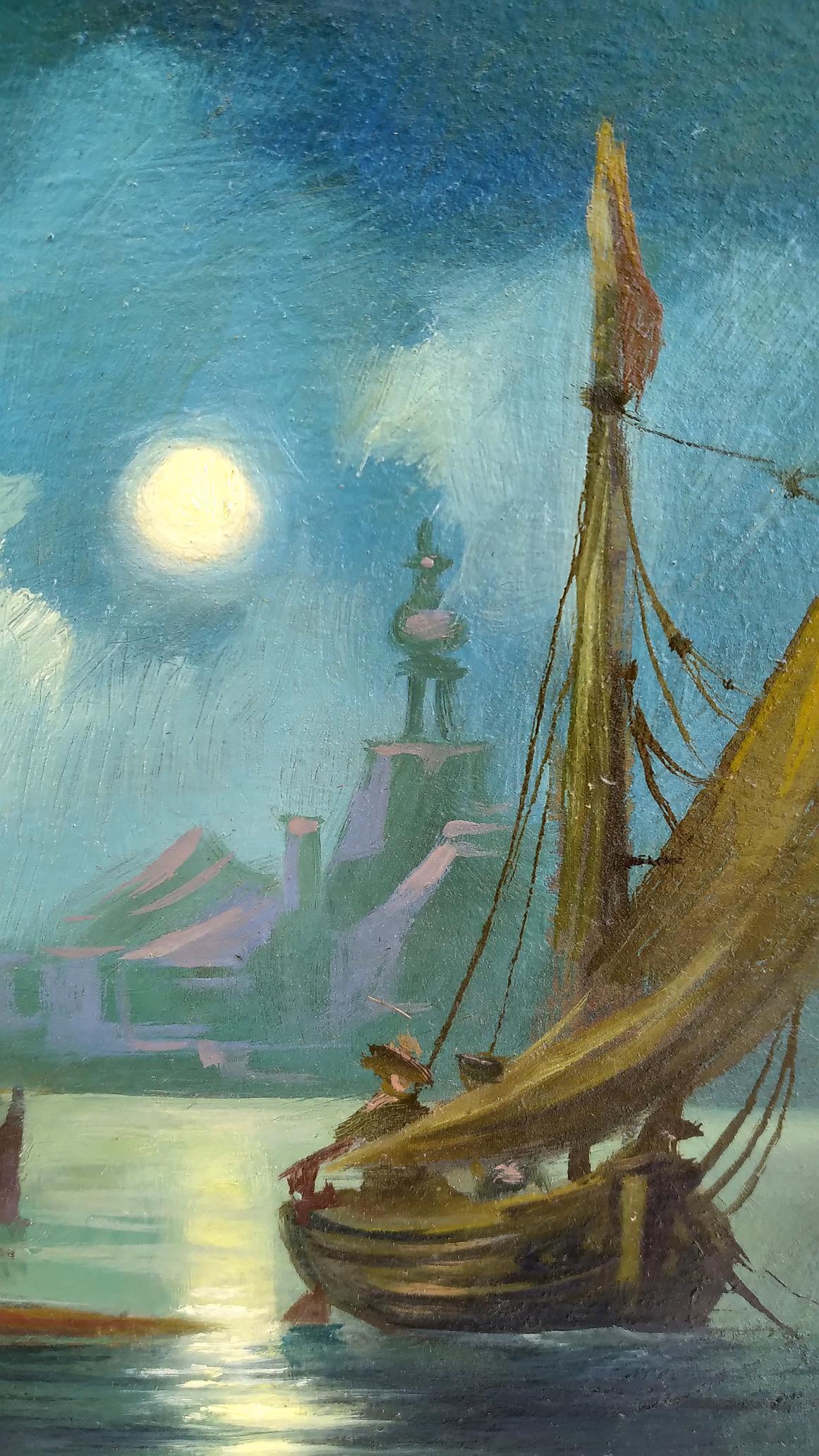Oil painting of wooden sailboat with tattered sails under full moon by Litvinov