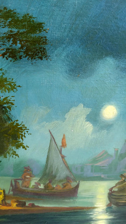 Oil painting Moonlight night by Alexander Arkadievich Litvinov serene moonlit sailboat scene