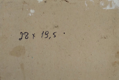 Back of Alexander Arkadievich Litvinov Moonlight Night oil painting with 28 x 19.5 inch dimensions handwritten in black ink on beige textured surface