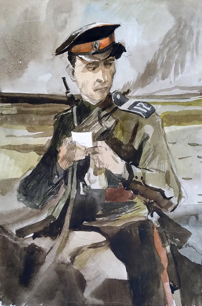 Social realism watercolor of soldier in olive uniform holding paper