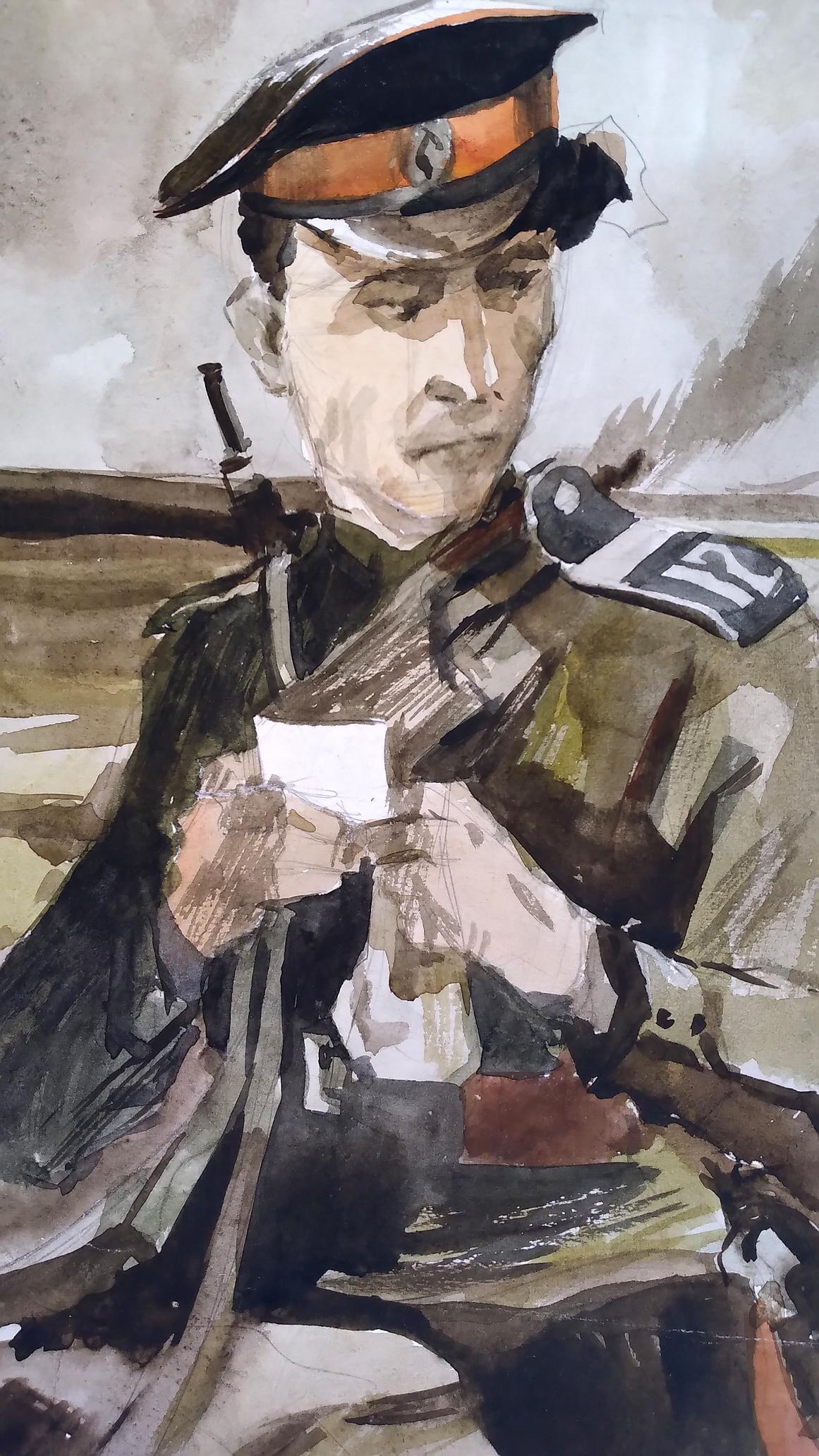 Watercolor social realism painting of soldier in olive-green uniform holding white paper