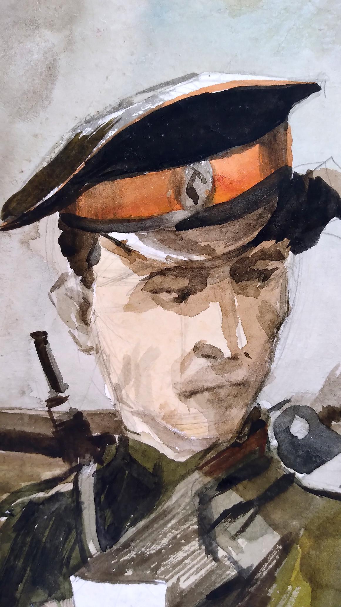 Watercolor portrait of soldier on road in black cap with orange band, social realism