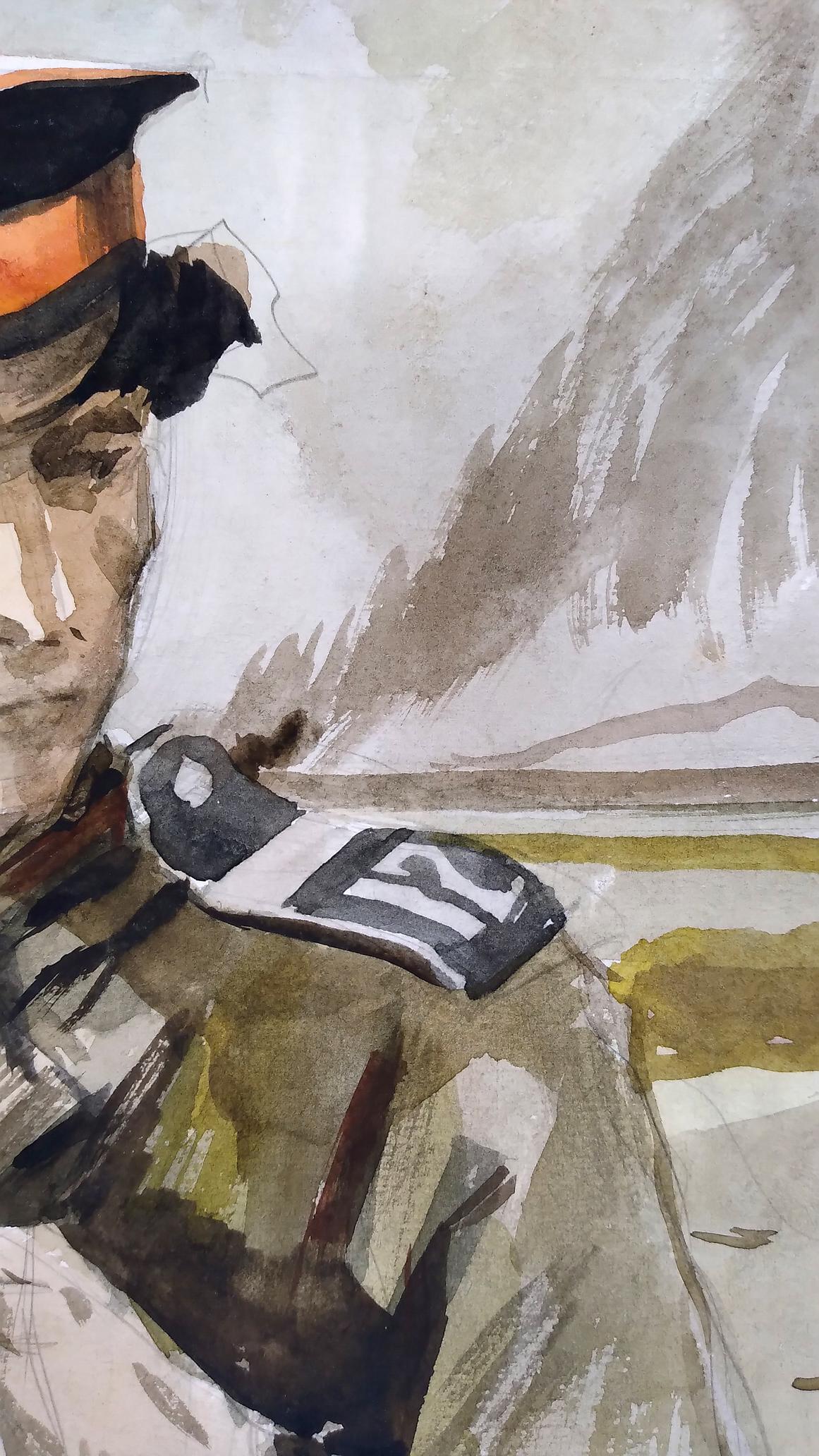 Social realism watercolor of soldier in orange black cap with striped patch
