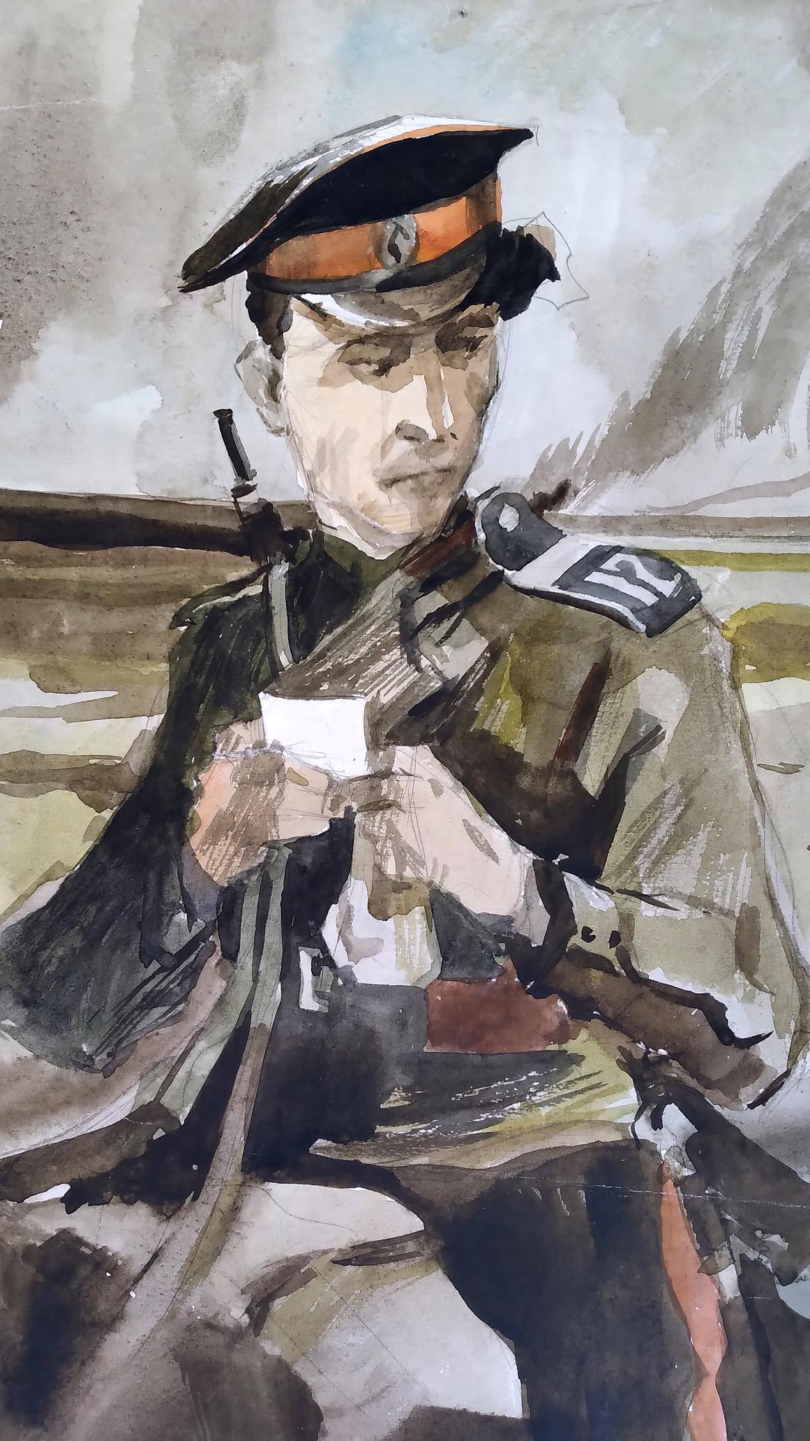 Social realism watercolor of soldier on road, soft brushstrokes