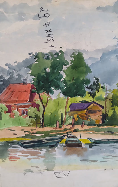 Social realism watercolor soldier on road by lakeside with boats