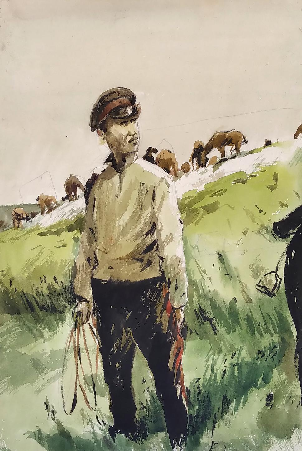 Social Watercolor social realism painting of soldier in field wearing brown cap