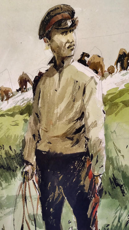 Social realism watercolor of soldier in field, brown cap, beige shirt