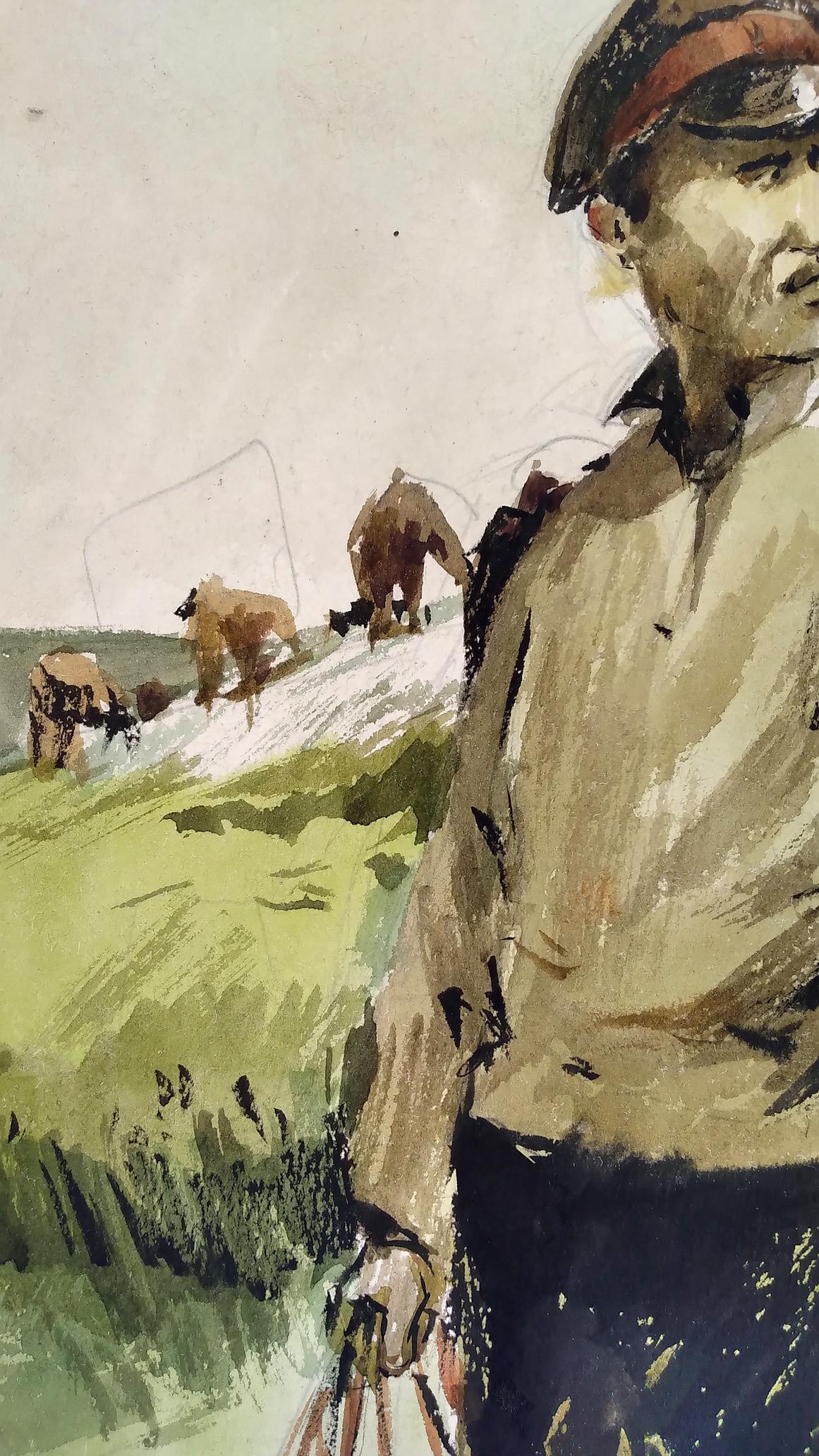 Social realism watercolor of soldier in cap with grazing cattle on hillside