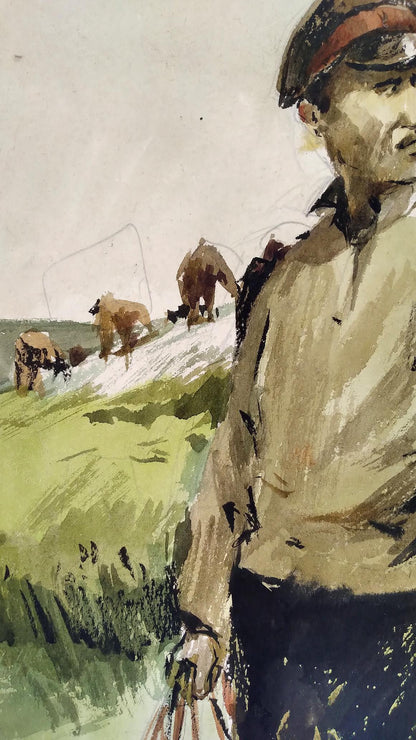 Social realism watercolor of soldier in cap with grazing cattle on hillside