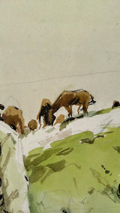 Social realism watercolor of soldier in field with woolly animals grazing