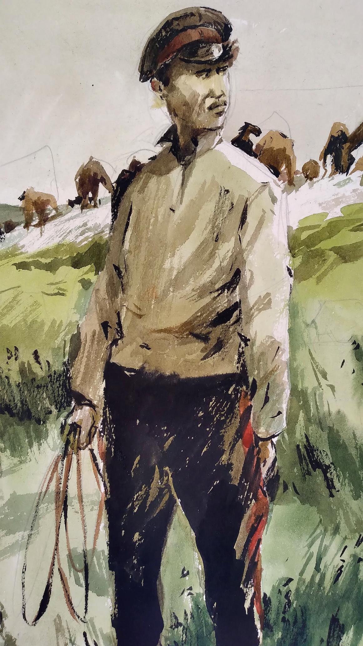 Social realism watercolor of soldier in field holding reins outdoors