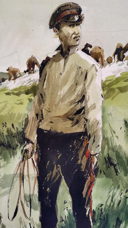 Social realism watercolor of soldier in field holding reins outdoors