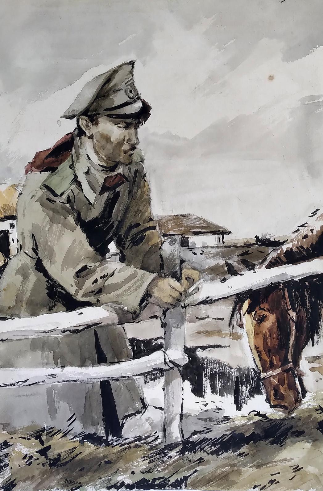 Social realism watercolor of soldier with horse by fence
