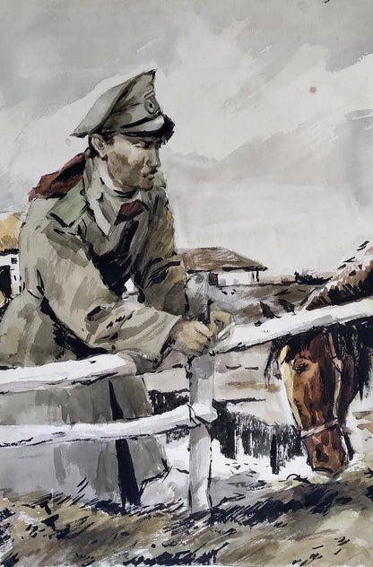 Social realism watercolor of soldier with horse by fence