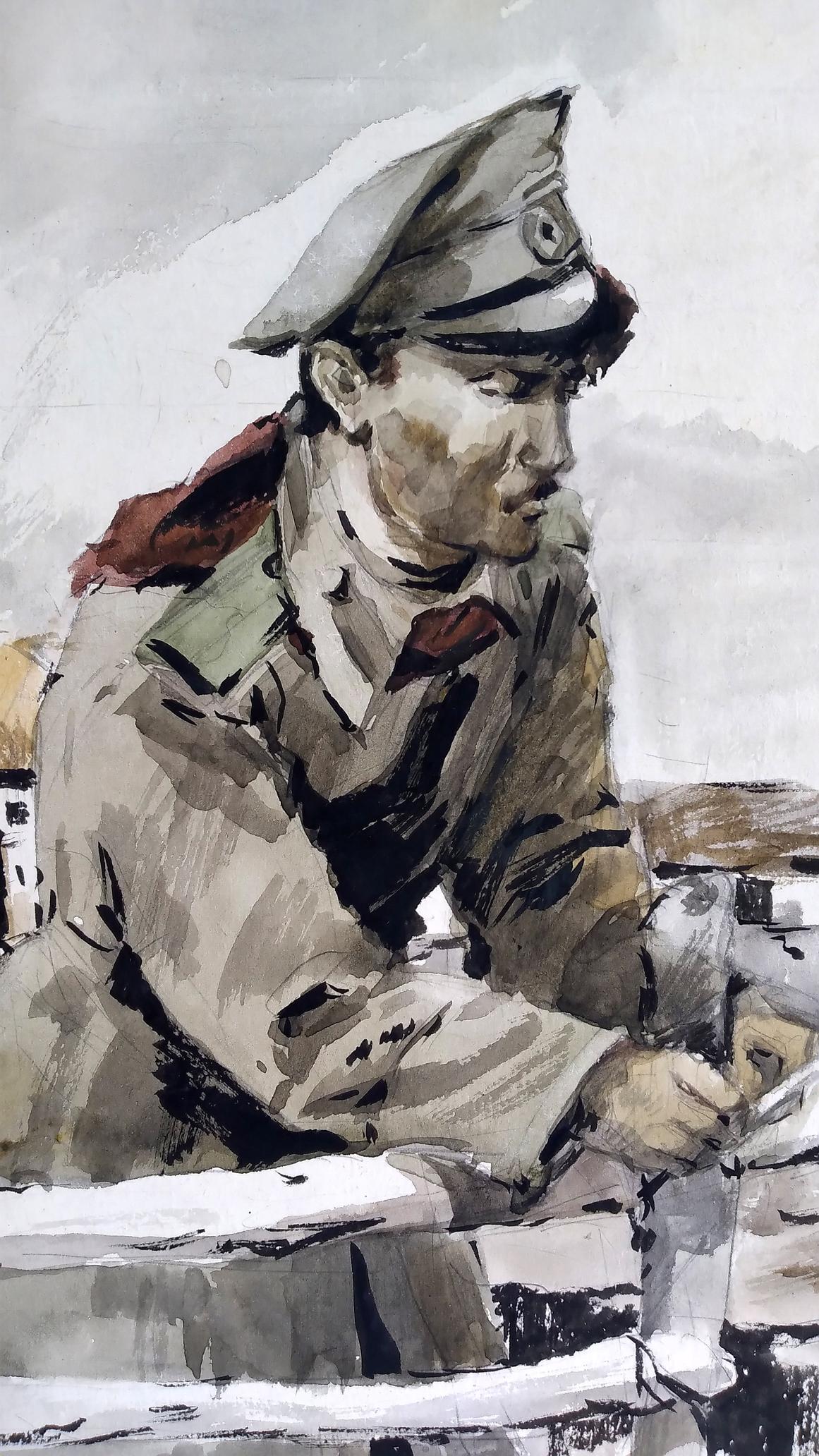 Social realism watercolor of soldier at home in muted tones