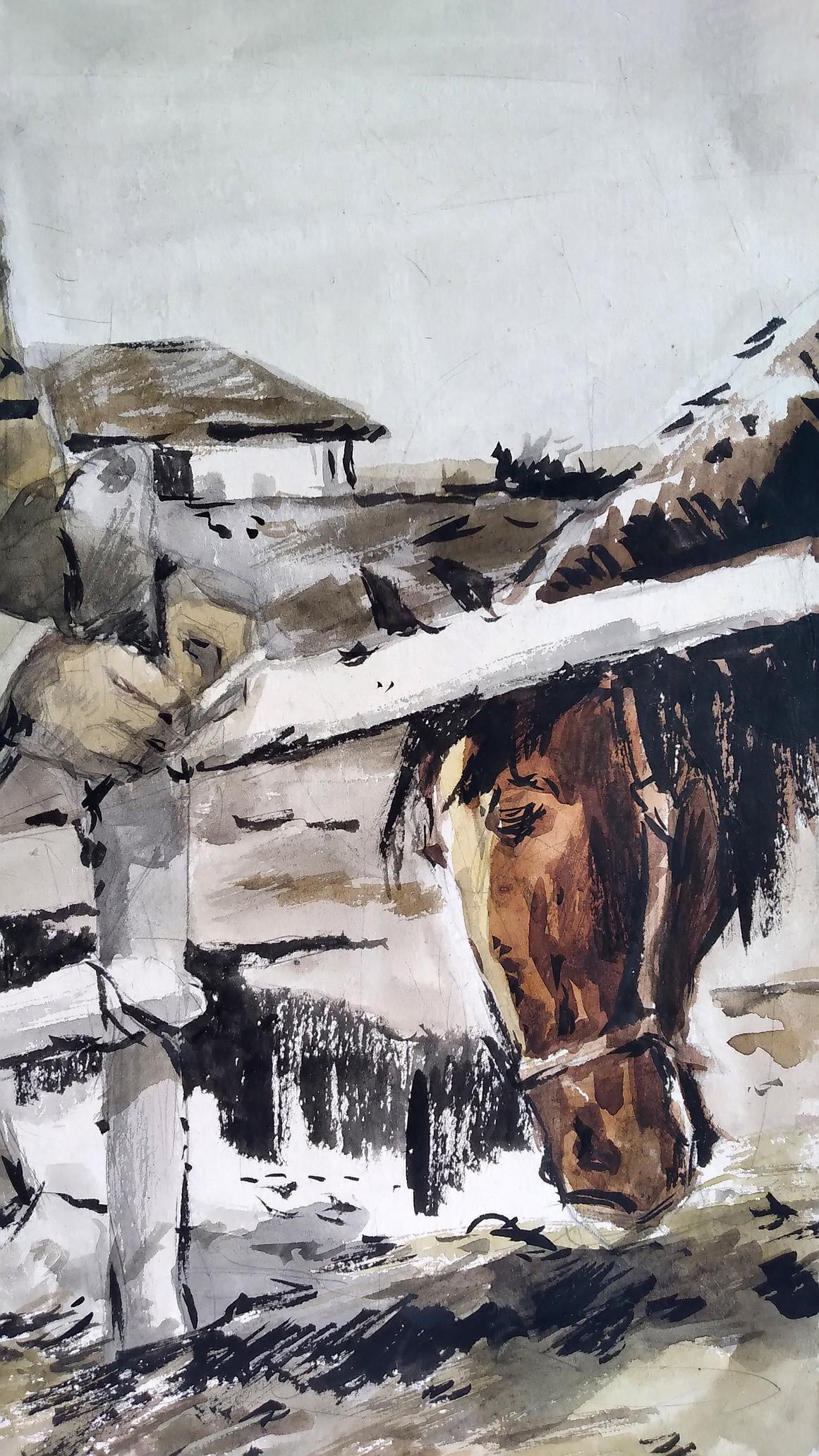 Rustic brown horse under weathered fence in social realism ink-wash painting