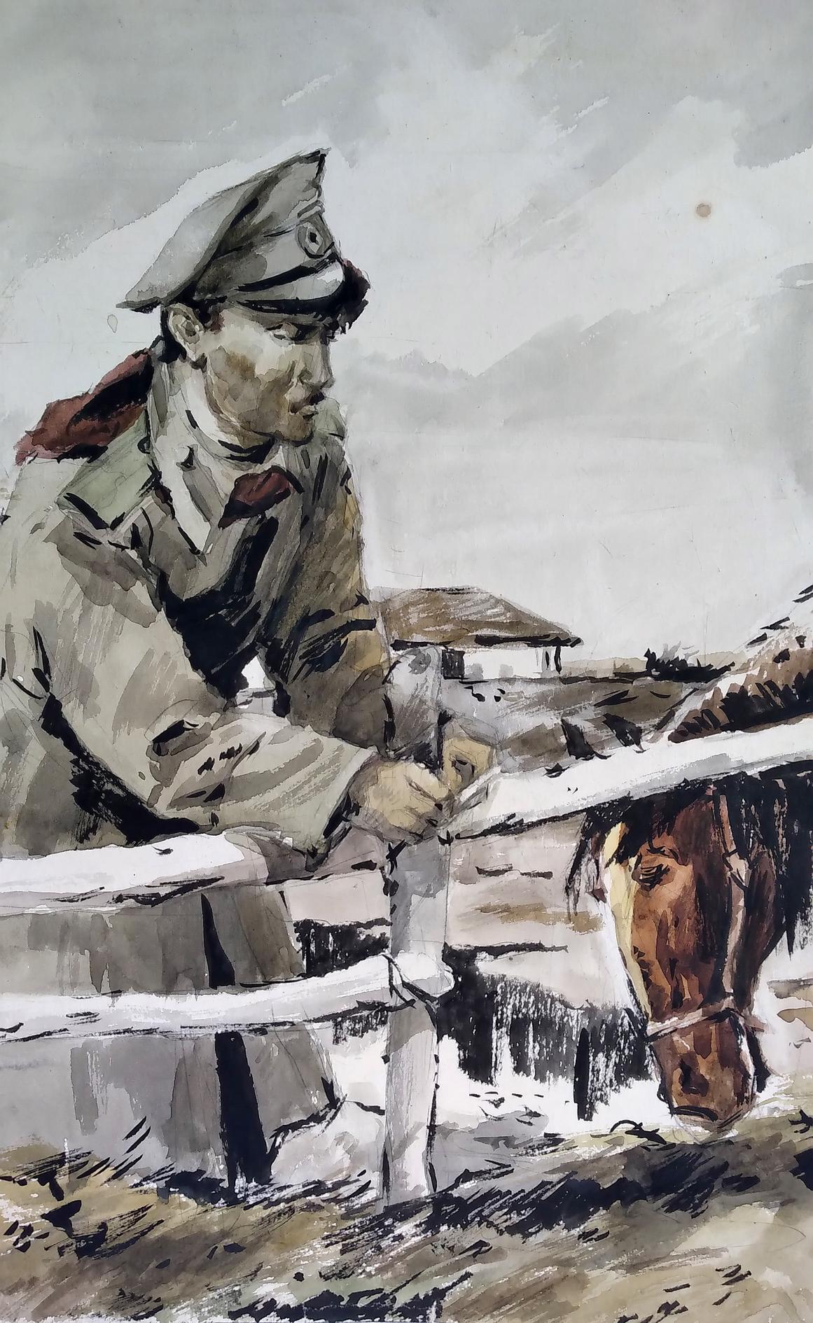 Social realism watercolor of soldier at home in muted earth tones