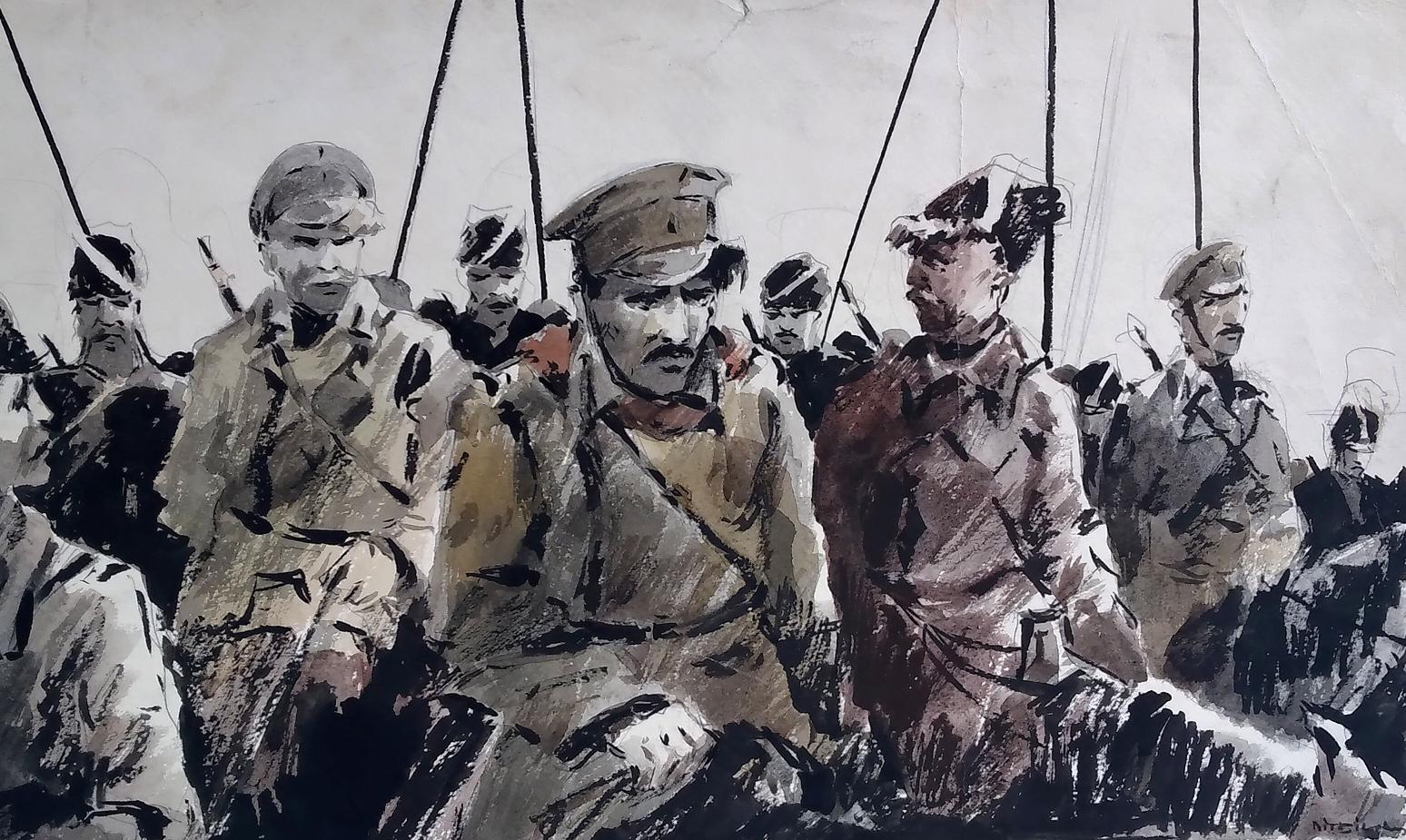 Social realism watercolor of soldiers preparing for battle