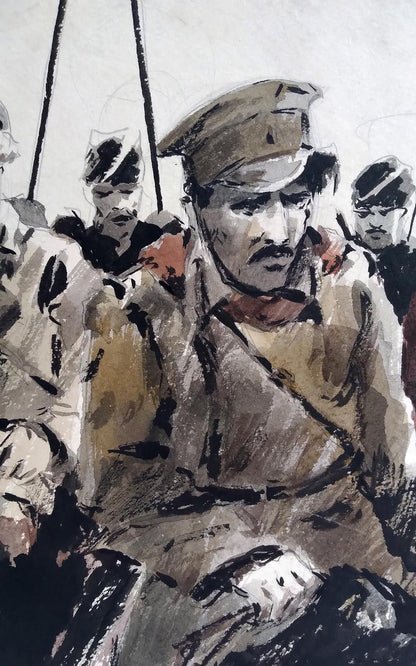 Social realism watercolor of soldier in khaki uniform preparing for battle