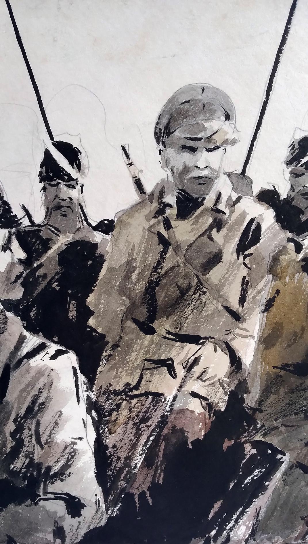 Monochromatic ink wash of soldier preparing for battle, social realism style