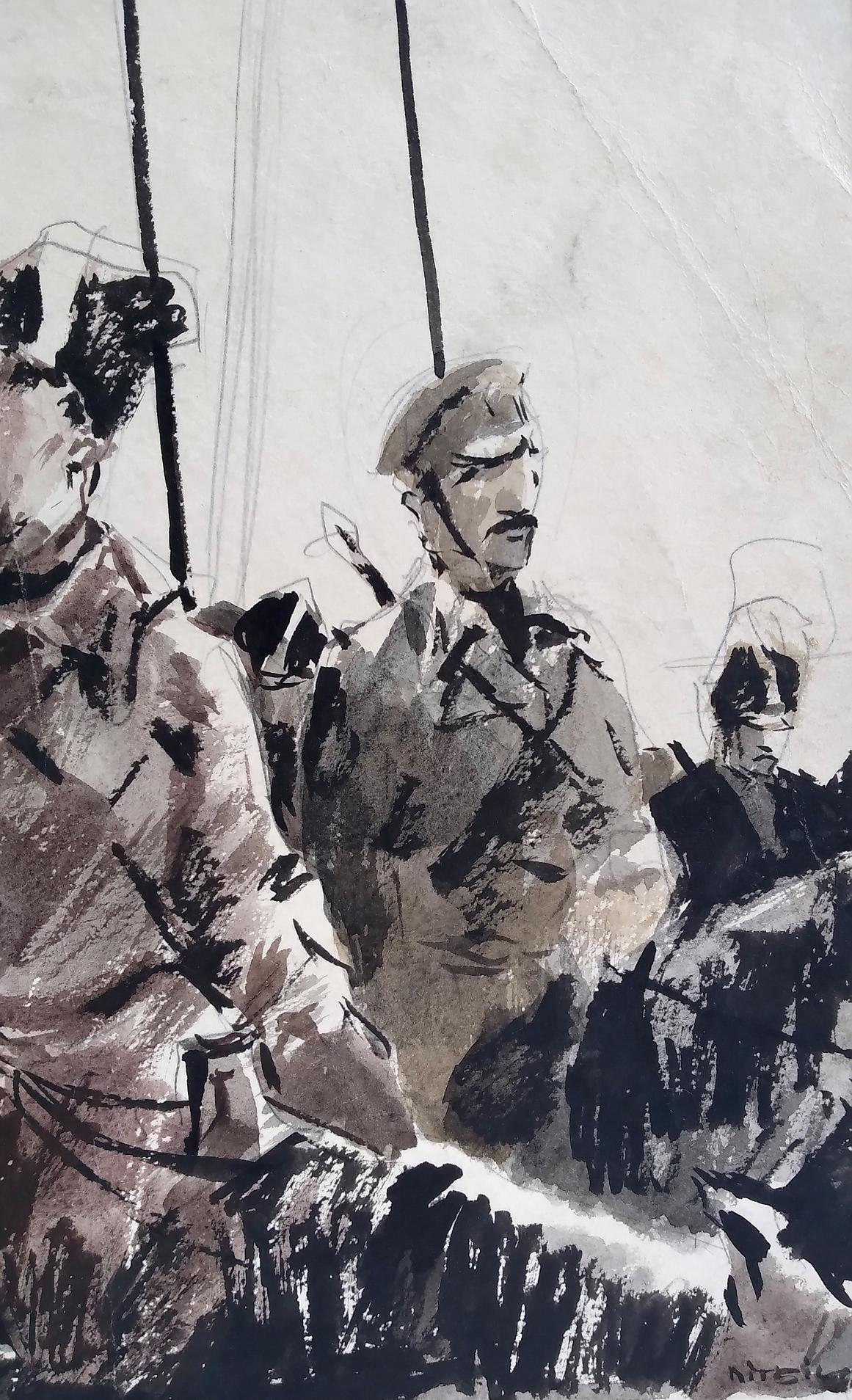 Social realism watercolor of soldiers preparing for battle