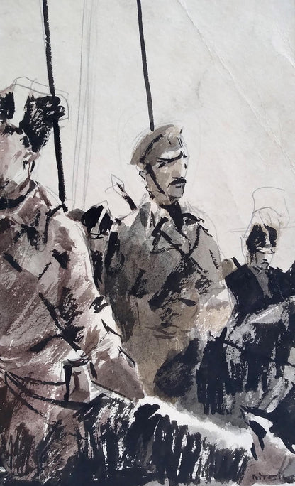 Social realism watercolor of soldiers preparing for battle