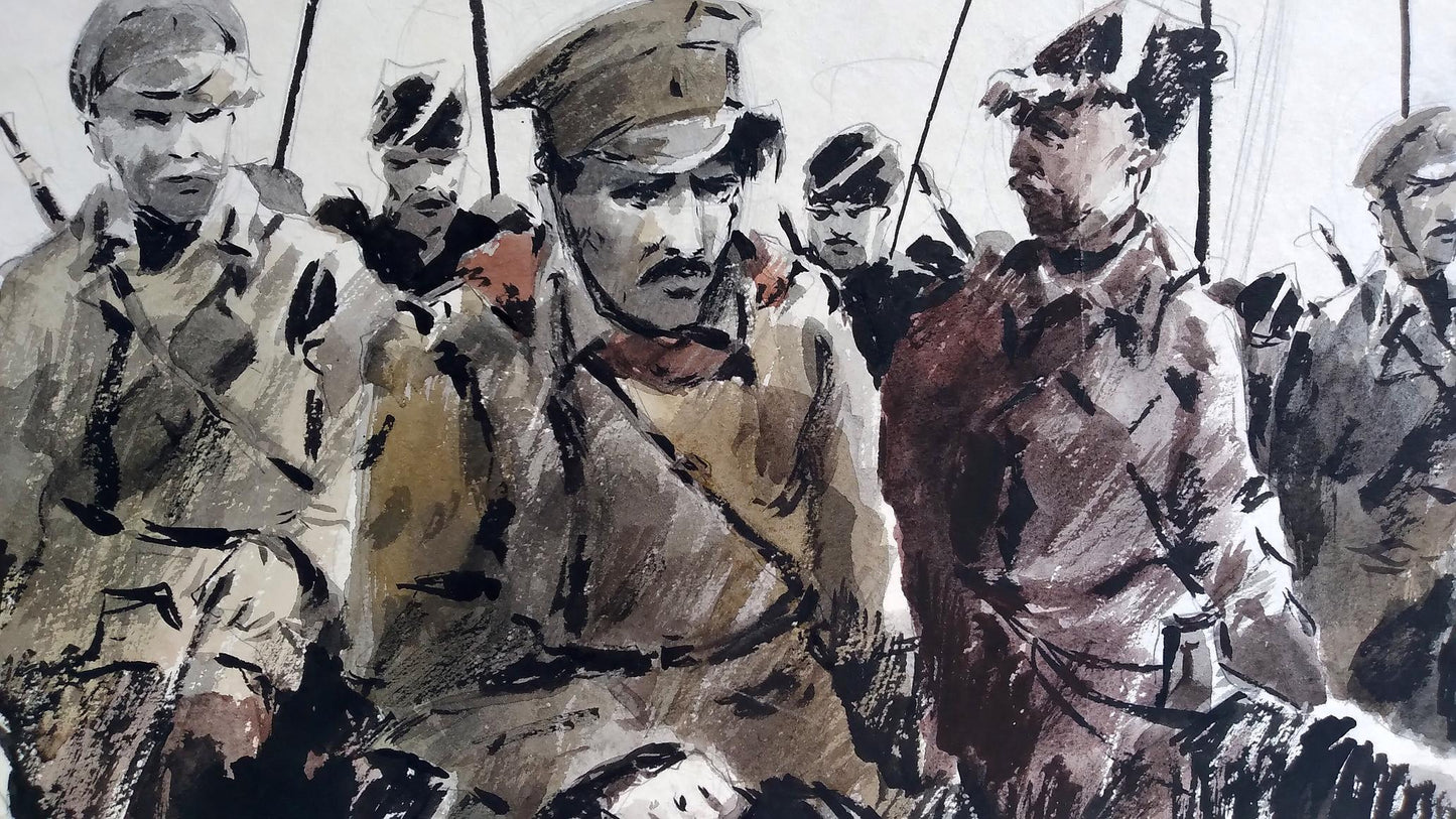 Social realism watercolor of soldiers preparing for battle