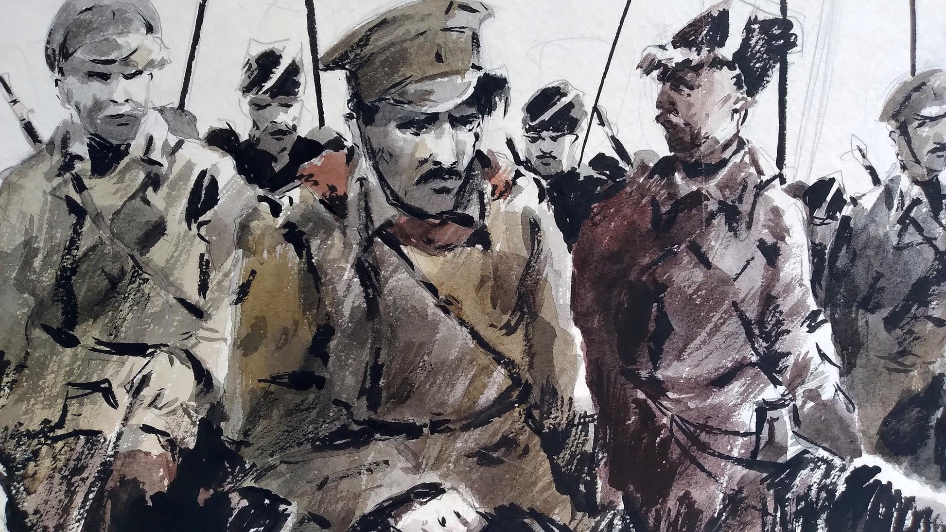 Social realism watercolor of soldiers preparing for battle