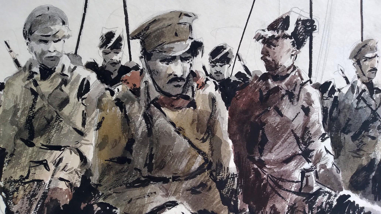 Social realism watercolor of soldiers preparing for battle