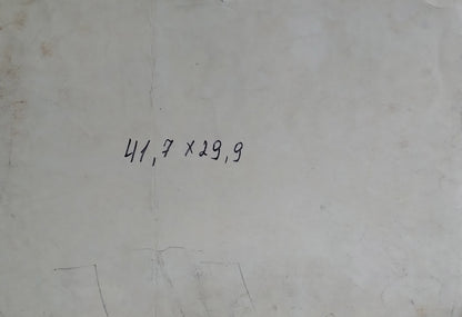 Back of social realism watercolor painting with handwritten 41.7 x 29.9 inch dimensions