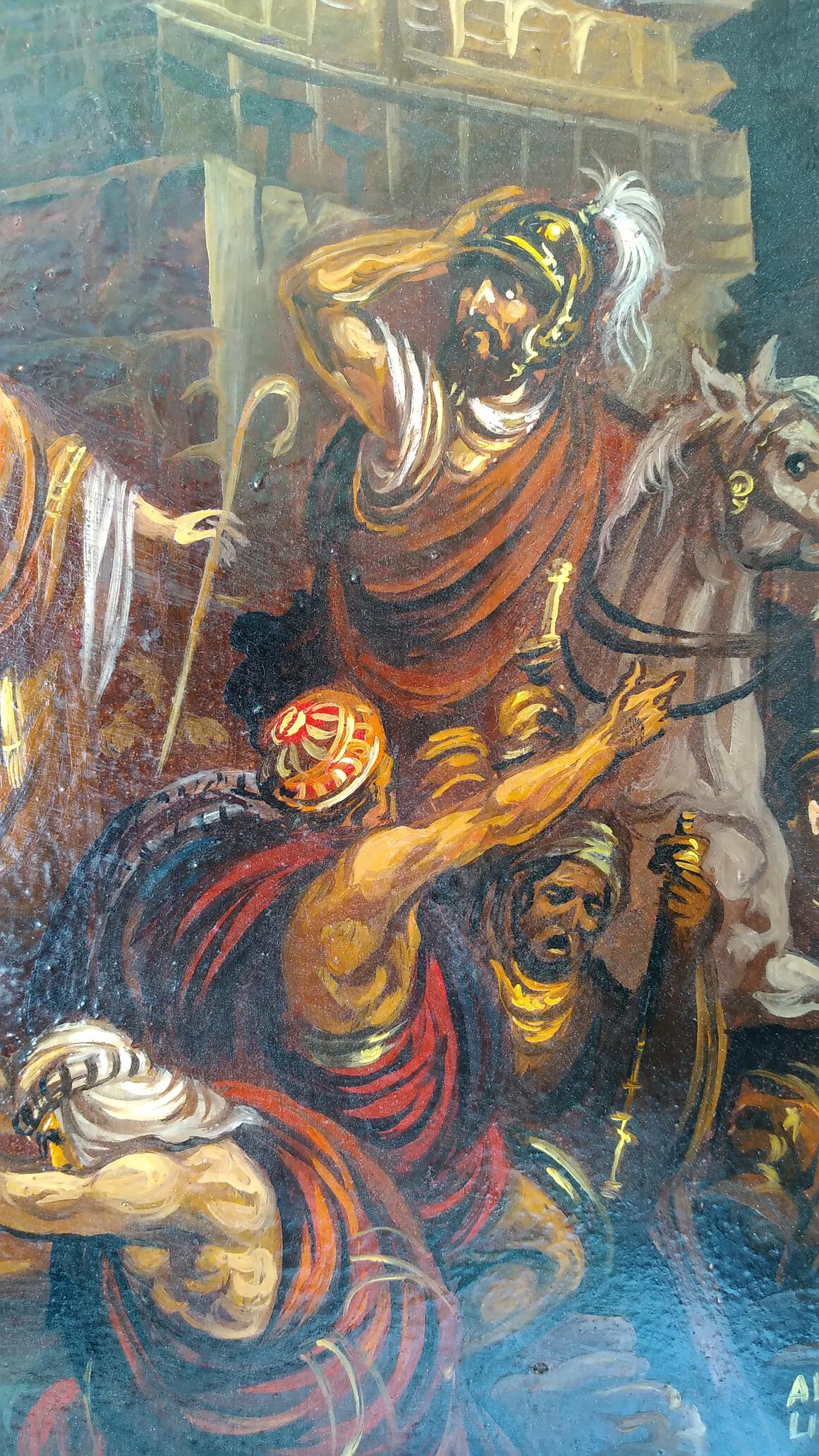 Oil painting of Moses among Egyptians by Litvinov, dramatic battle mural