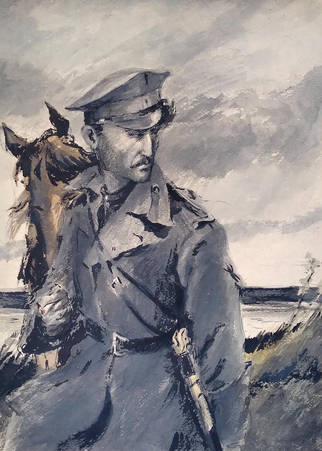 Social realism watercolor of soldier and horse looking back