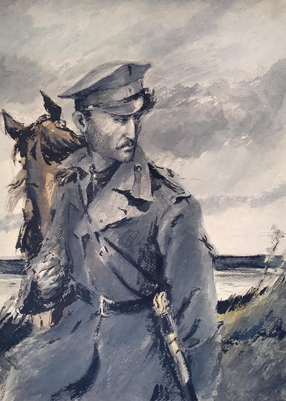 Social realism watercolor of soldier and horse looking back