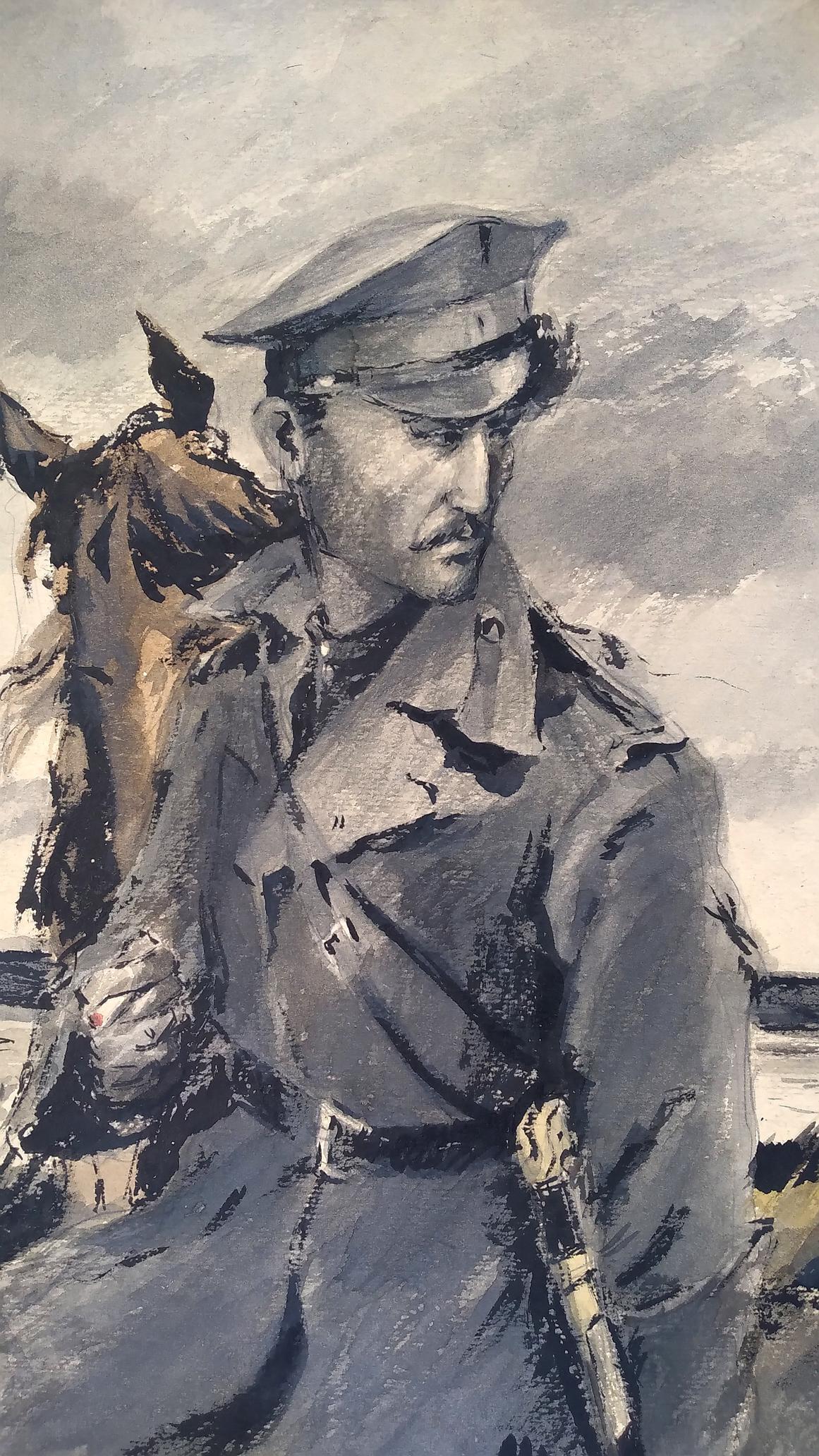 Social realism watercolor of soldier looking back with horse