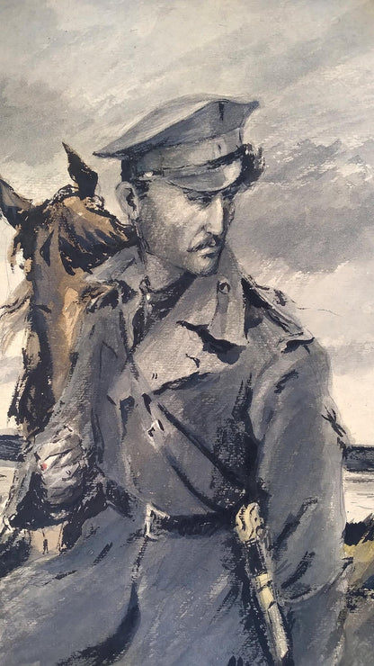 Social realism watercolor of soldier looking back with horse