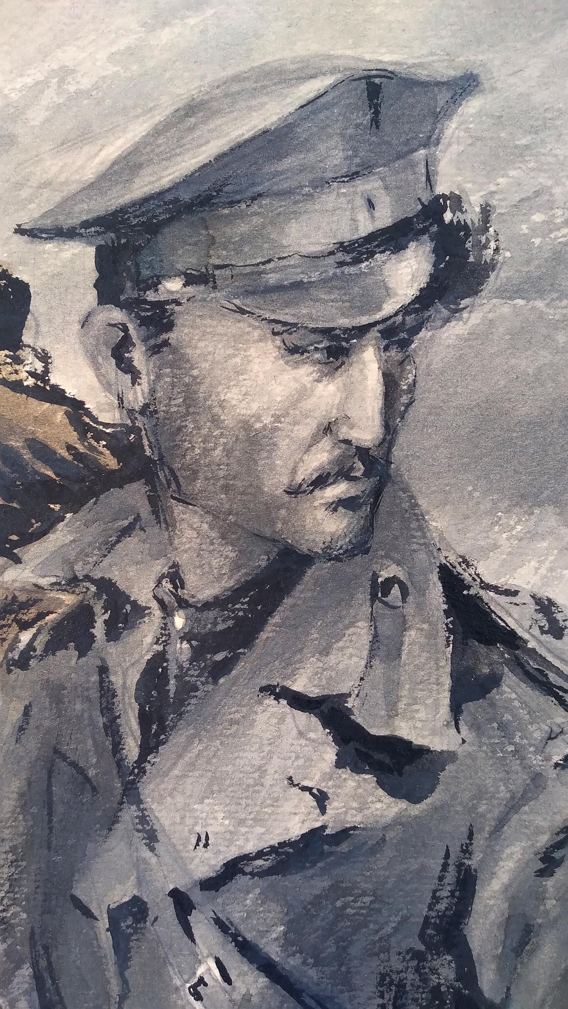 Social realism watercolor portrait of man in military uniform looking back