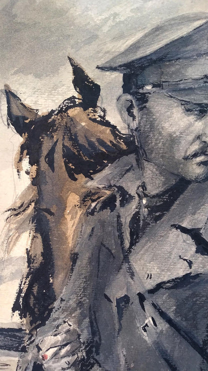 Social realism watercolor of soldier looking back with horse, grayscale