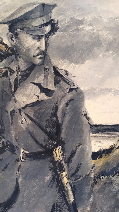 Social realism watercolor of soldier looking back, gray coat and sword