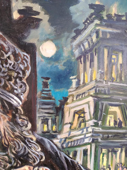 Oil painting Sage behind a book by Alexander Arkadievich Litvinov moonlit cityscape