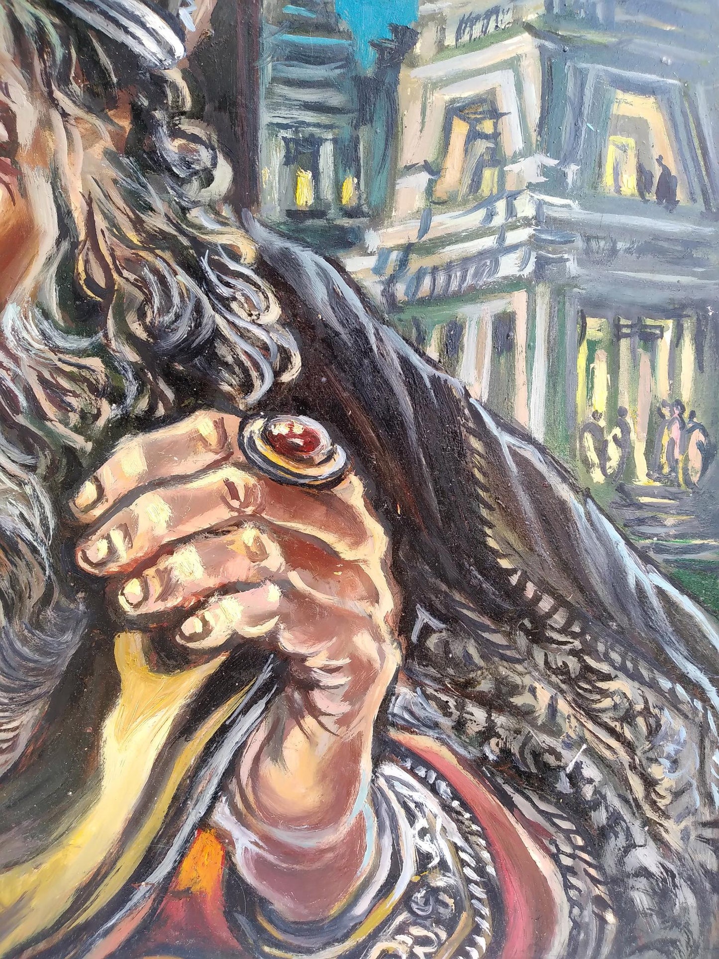 Oil painting of sage behind book by Alexander Arkadievich Litvinov with red gemstone ring hand